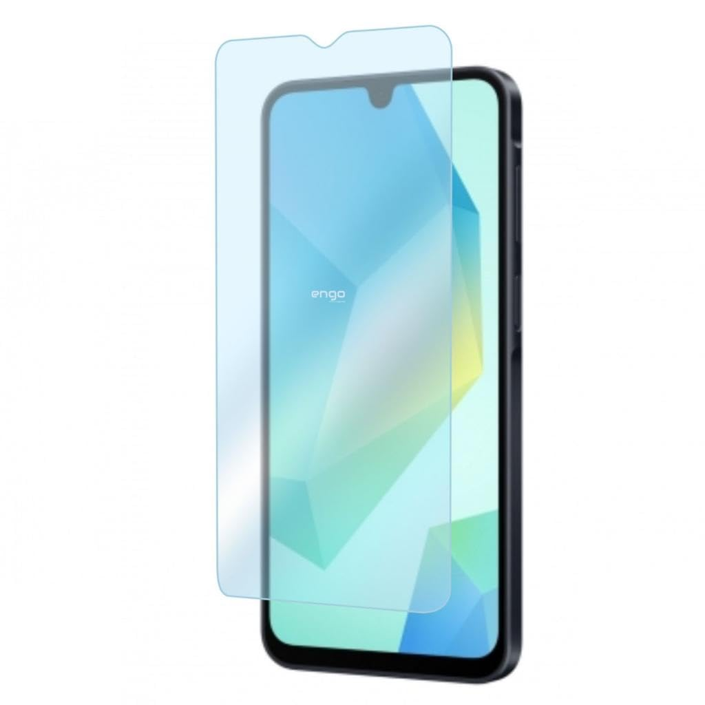 Önünde hafifçe tutulan mavi koruyucu camlı bir akıllı telefon.