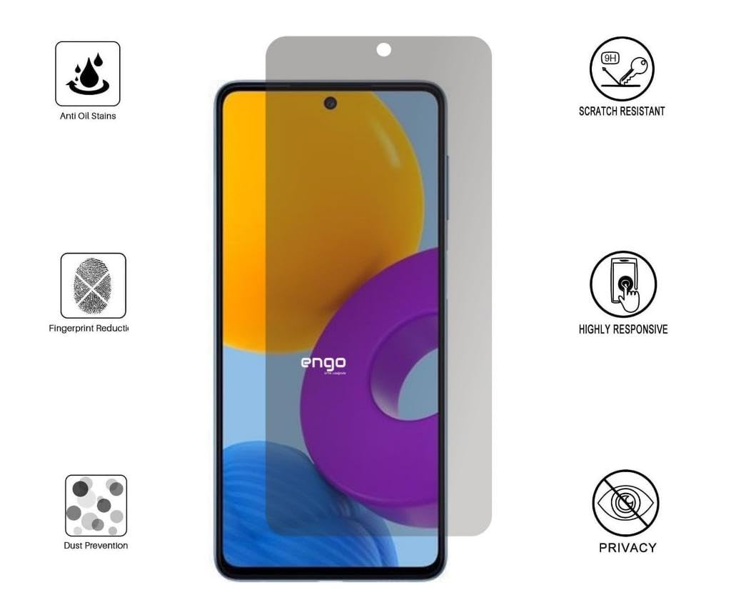 Yağ önleyici, parmak izi azaltma, toz önleme ve gizlilik simgeleriyle çevrili ekran koruyuculu akıllı telefon.