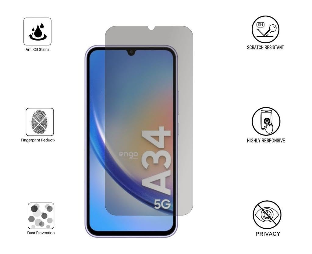 Ekran koruyuculu akıllı telefon, yağ ve çizilme direnci gibi özellikleri vurgulayan simgelerle çevrili.