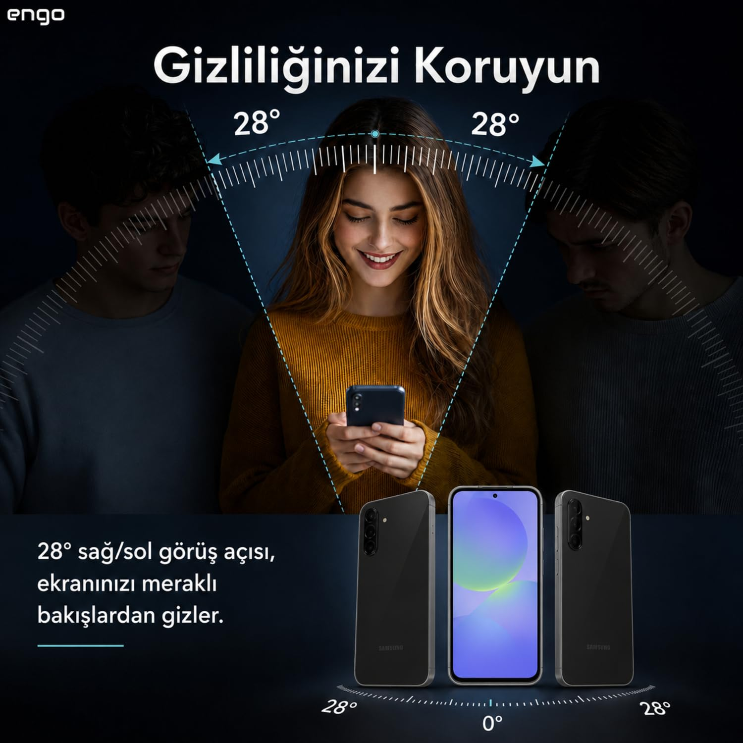 Sarı kazaklı bir kadın akıllı telefonunu kullanırken, yanlardaki karanlık siluetler 28 derecelik gizlilik ekranı açısını gösteriyor.