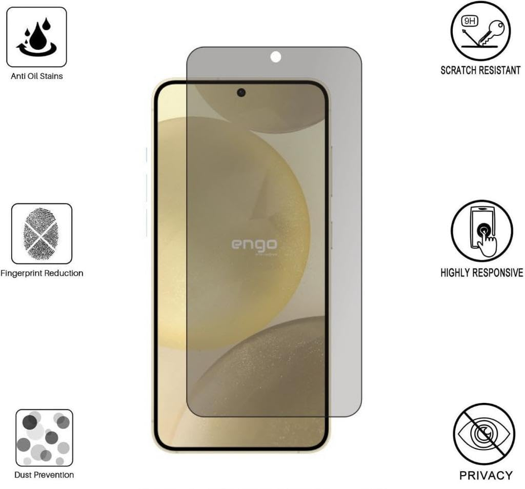 Yağ önleyici, çizilmeye dayanıklı, parmak izi azaltma ve gizlilik simgeli akıllı telefon ekran koruyucusu.
