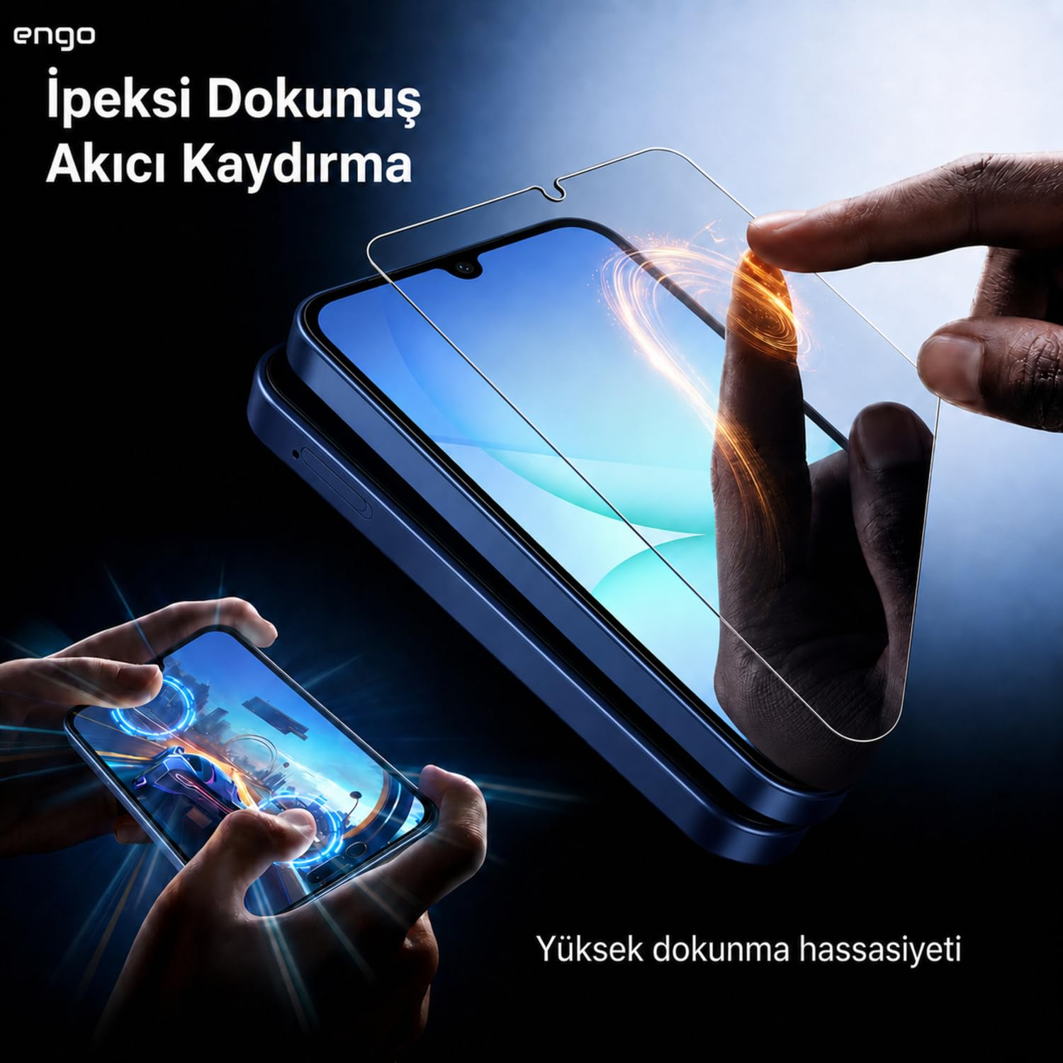 Bir el mavi akıllı telefonun üzerinde ekran koruyucu tutuyor, aşağıda ise biri oyun oynuyor.