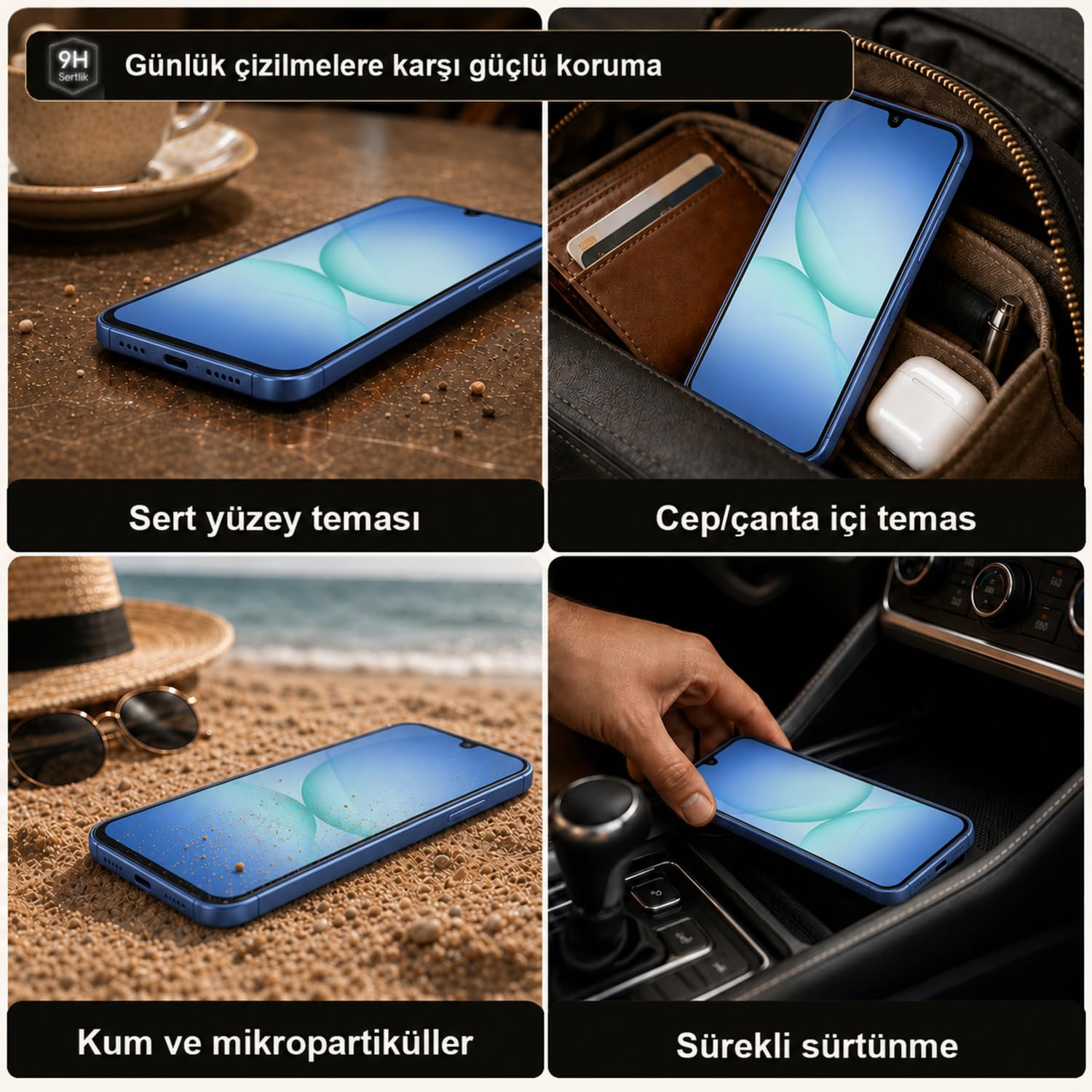 Dört görselde masada, çantada, kumda ve araçta çizilme testine tabi tutulan mavi akıllı telefon yer alıyor.
