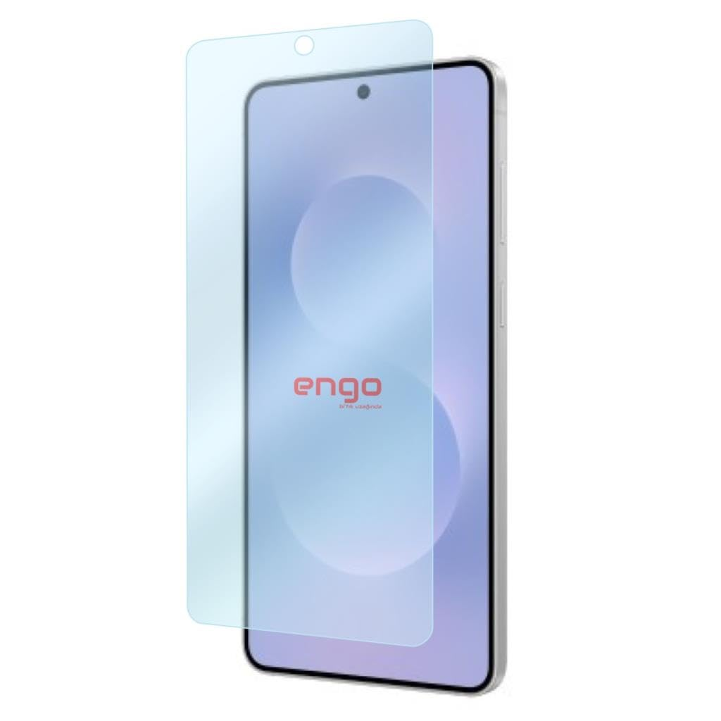 Açık mavi ekran koruyuculu ve kırmızı engo logolu bir akıllı telefon.