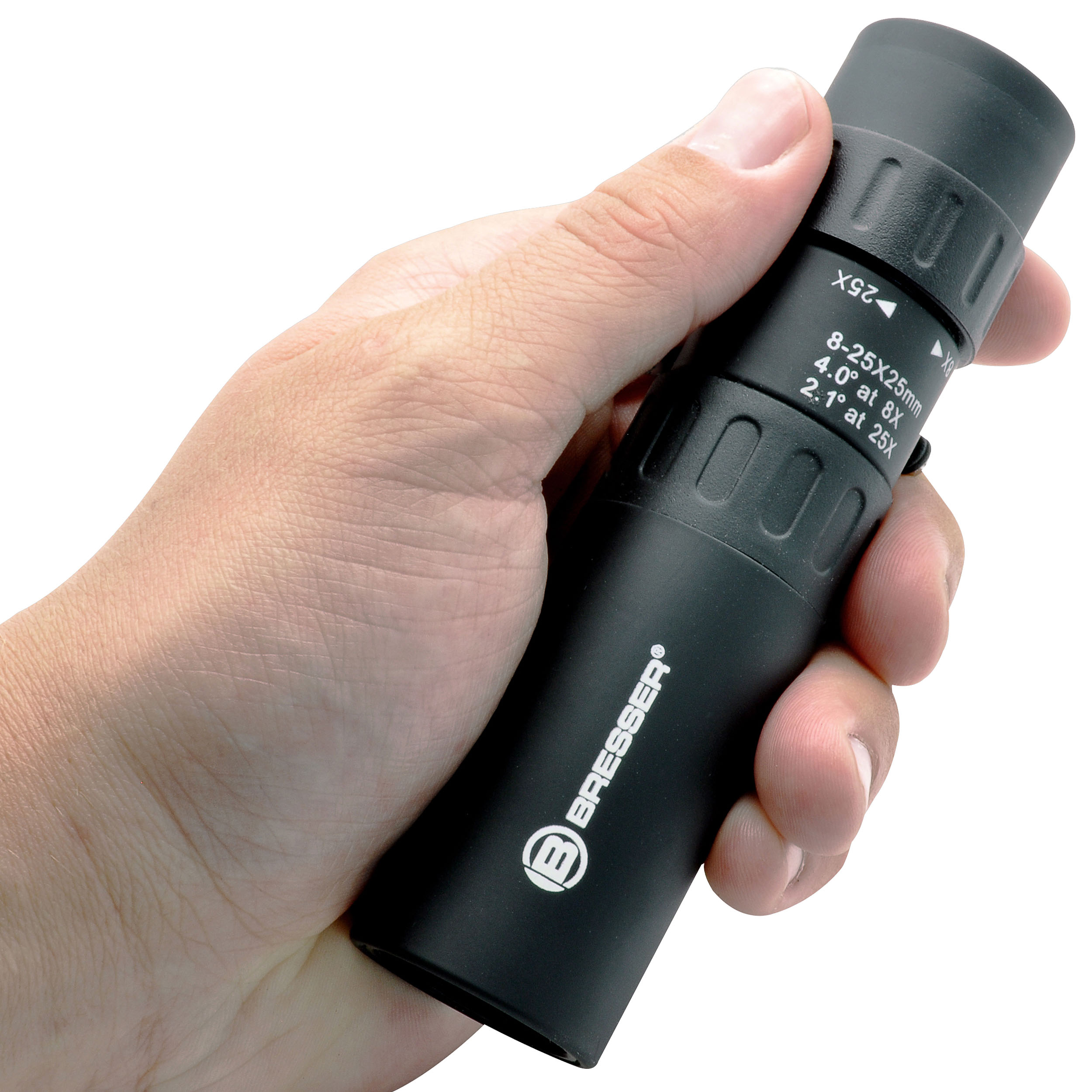 Una mano sosteniendo un monocular Bresser negro con texto blanco.