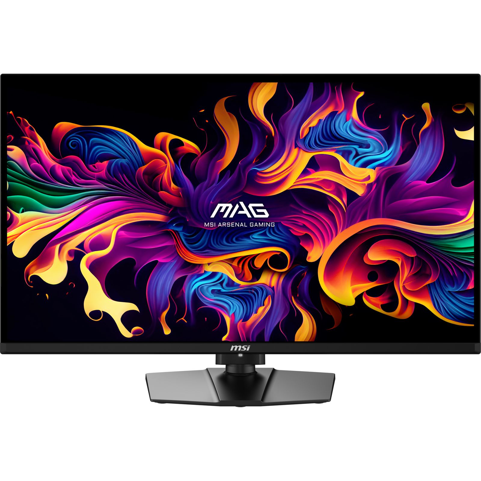 Un monitor da gioco MSI mostra uno sfondo astratto colorato con il logo MAG.