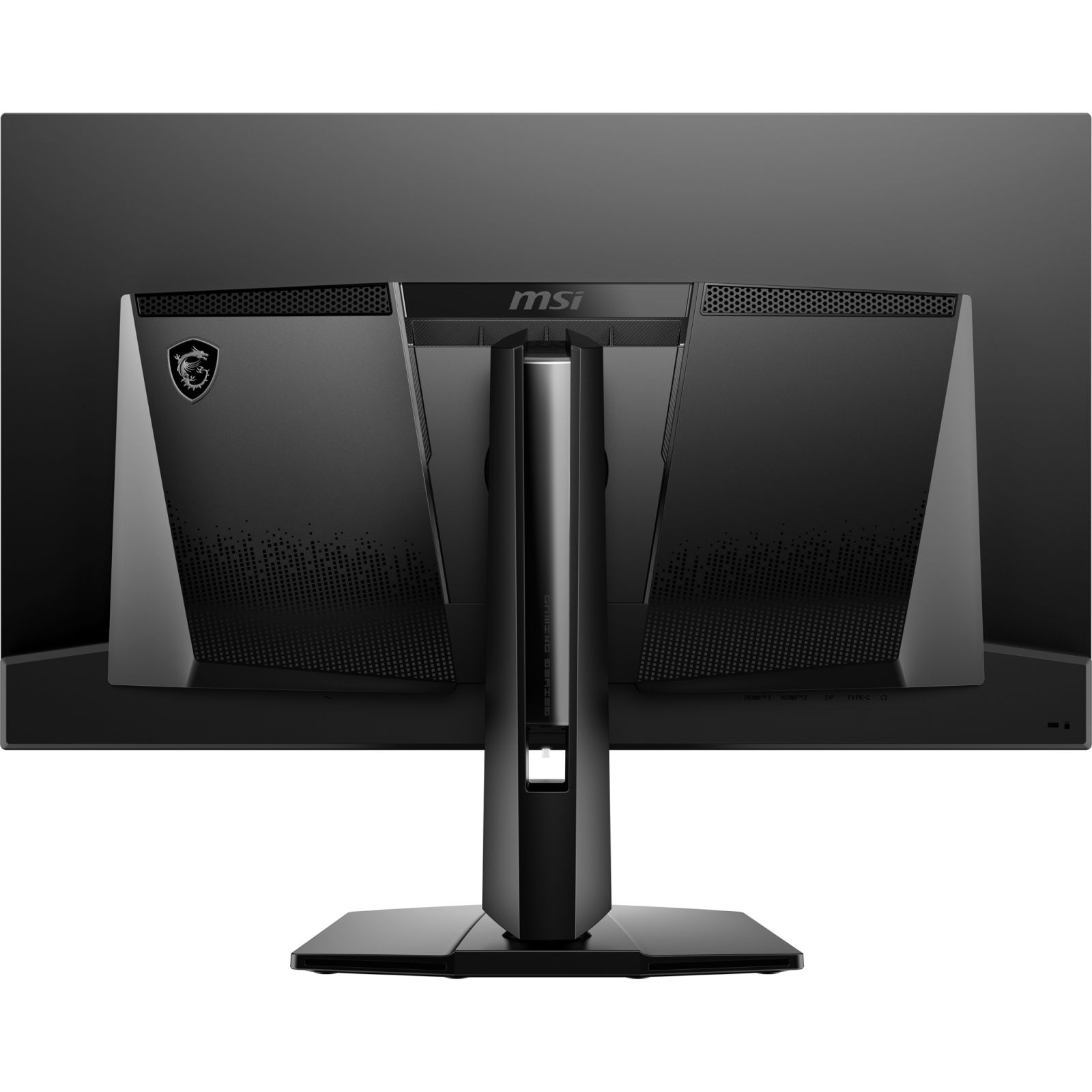 Vista posteriore di un monitor da gioco MSI nero con supporto e logo.