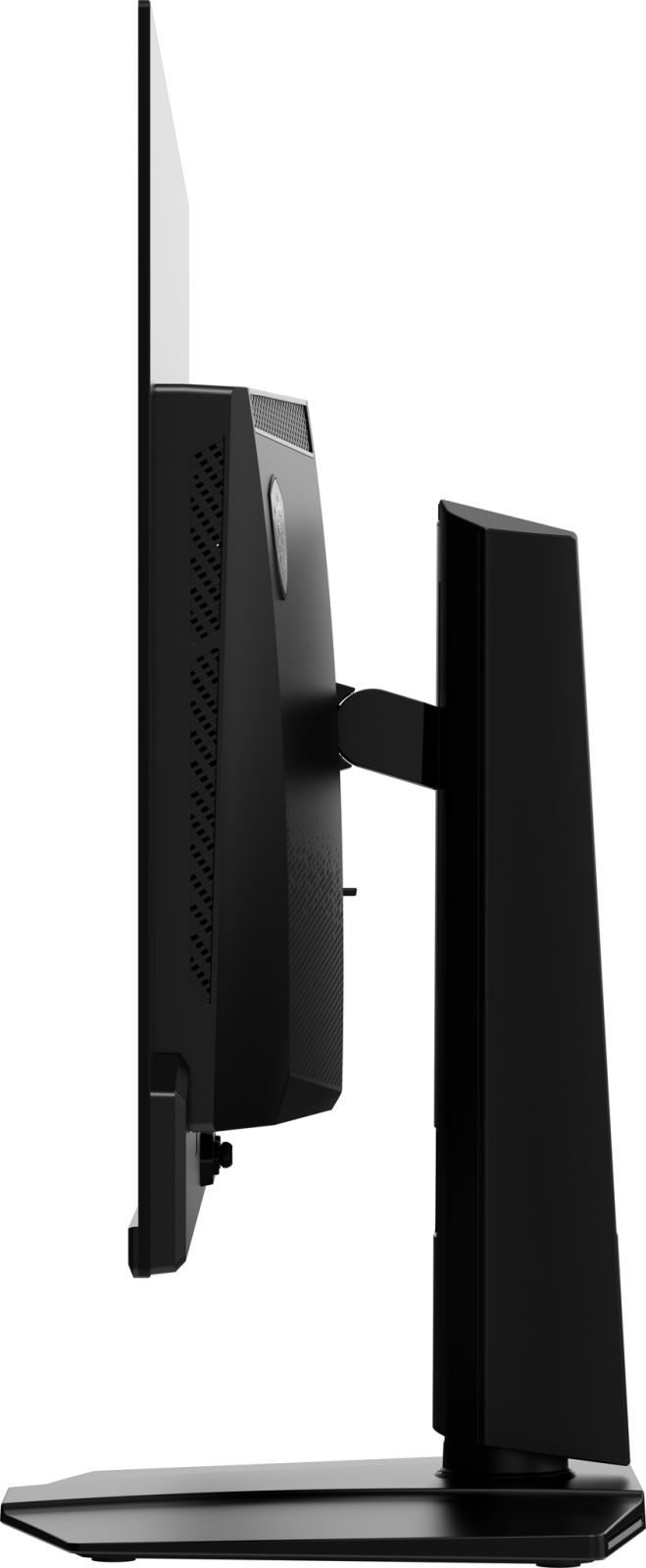 Un monitor per computer nero di profilo su supporto regolabile su sfondo bianco.