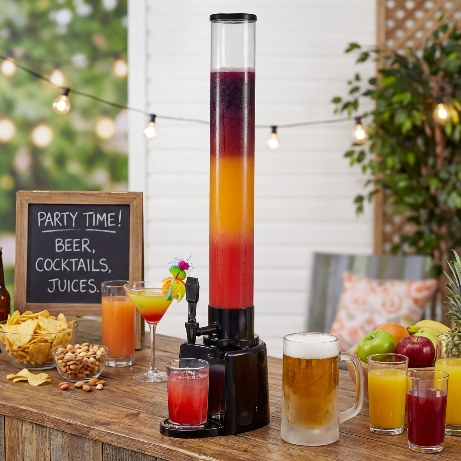 Ein Getränkespender mit geschichteten Farben, umgeben von Snacks, Cocktails und Bier auf einem Holztisch.