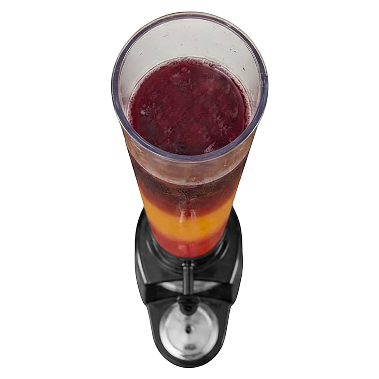 Ein durchsichtiger Getränkespender mit geschichtetem rotem und gelbem Saft auf einer schwarzen Basis.