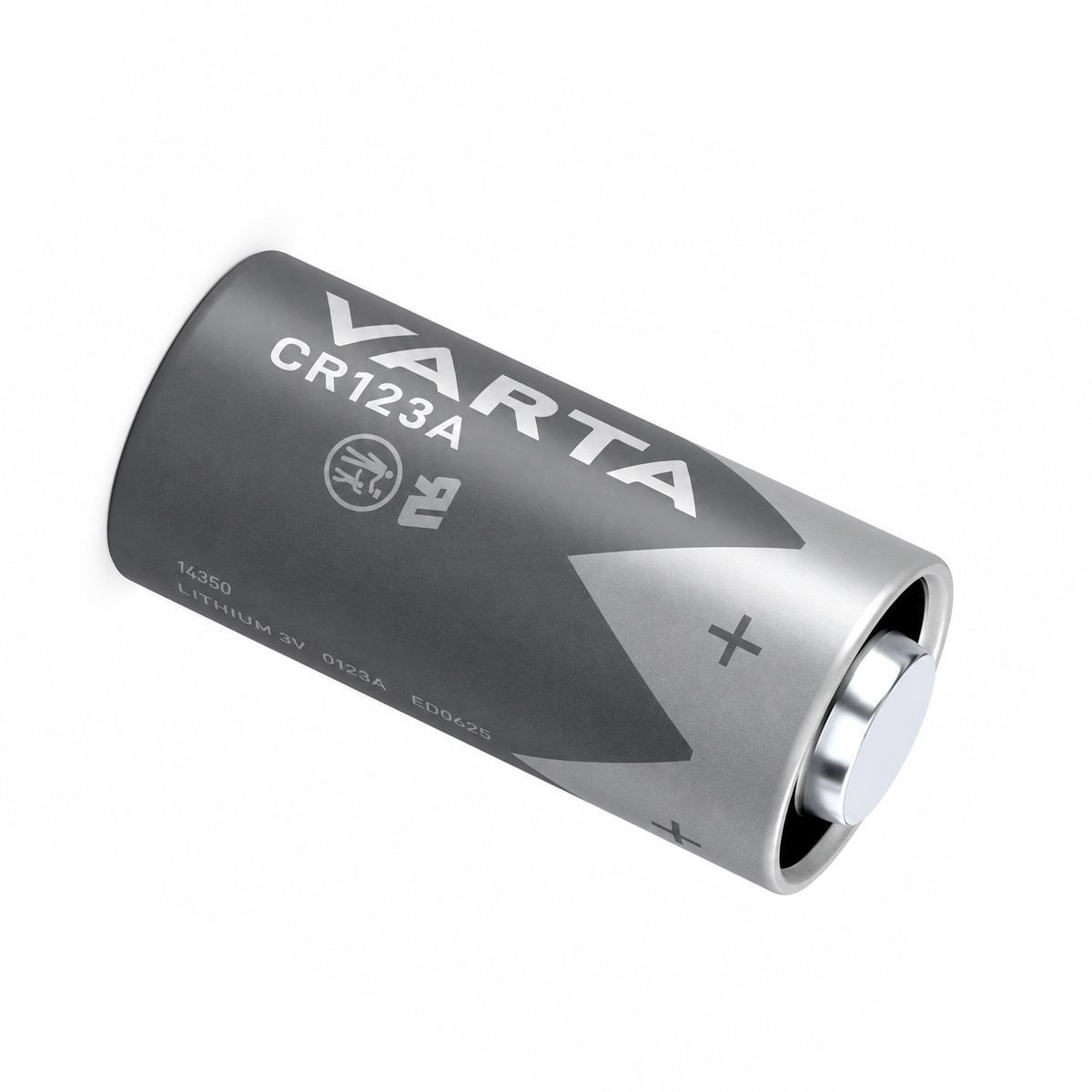 Une pile au lithium Varta CR123A grise avec une borne positive visible sur fond blanc.