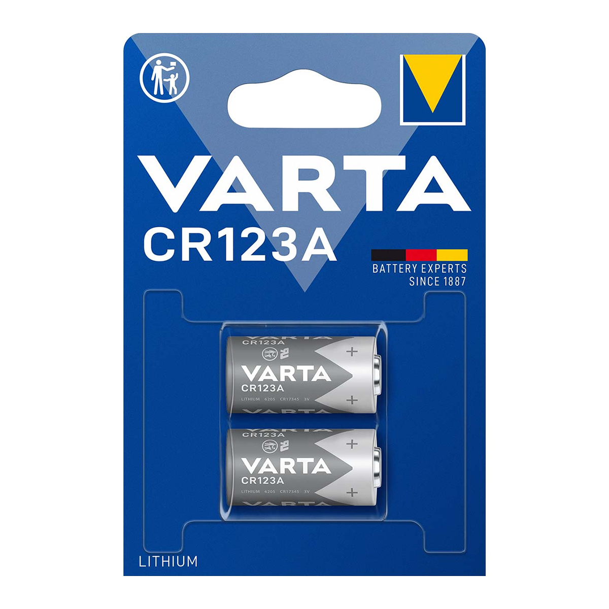 Blister contenant deux piles au lithium VARTA CR123A argentées sur fond bleu.