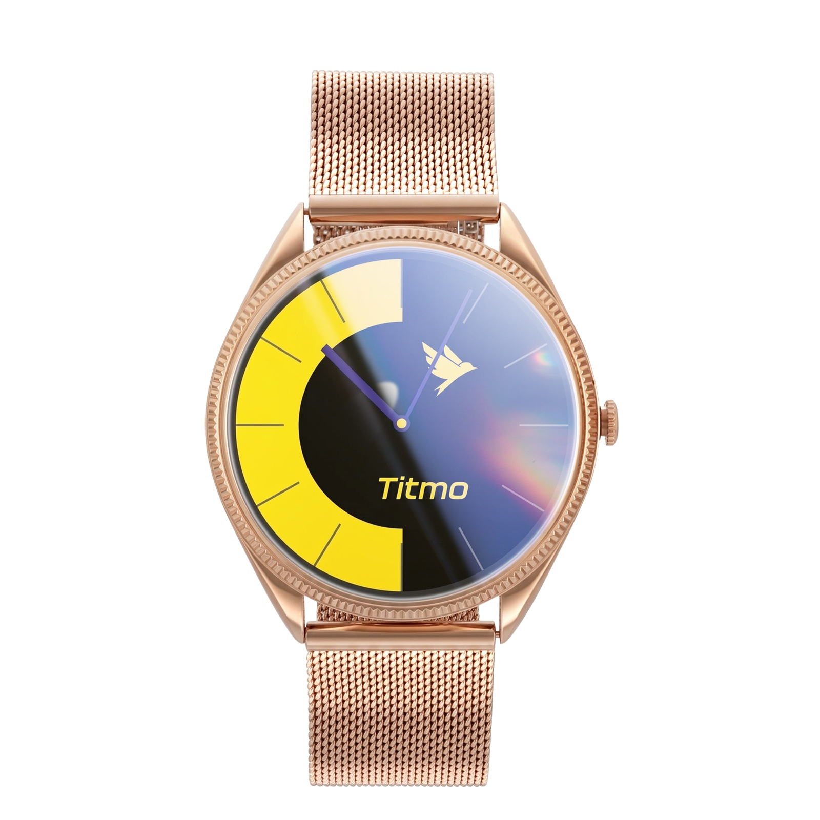 Eine roségoldene Armbanduhr mit einem Metallnetzarmband und einem farbigen Zifferblatt mit der Aufschrift Titmo.