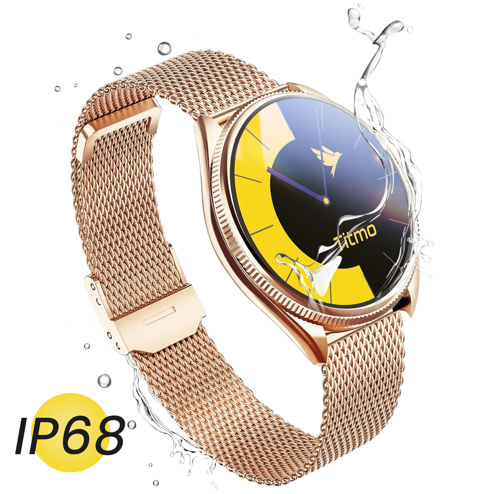 Roségoldene Smartwatch mit Metallarmband und Wasserspritzern.