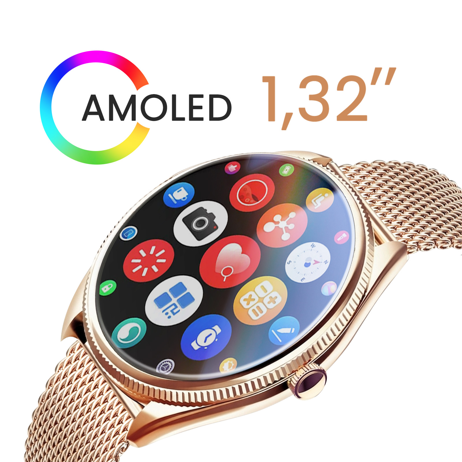 Goldfarbene Smartwatch mit rundem Display und Text AMOLED 1,32 Zoll.