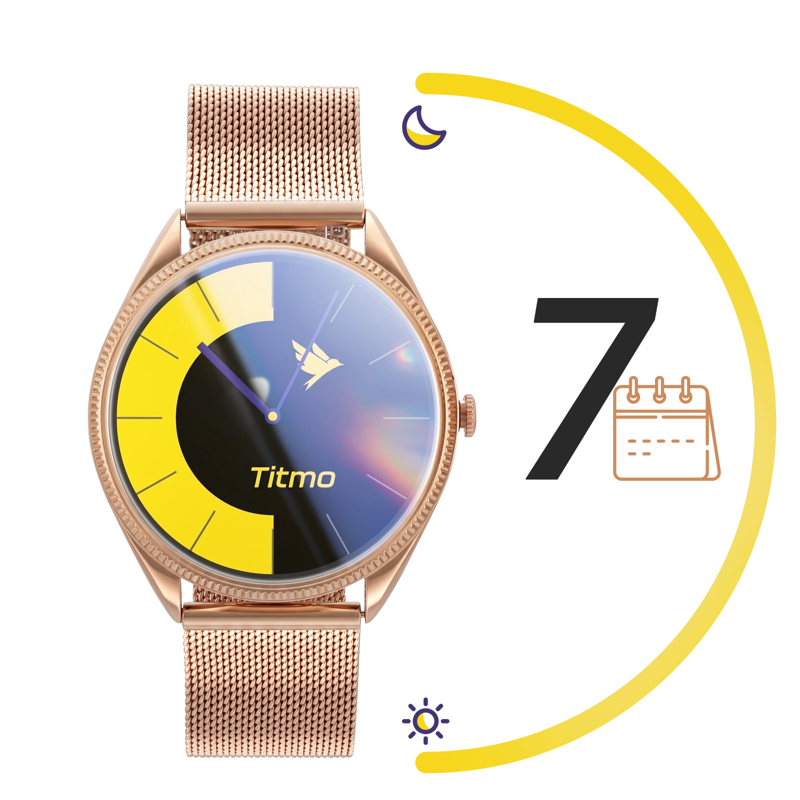 Roségoldene Smartwatch mit Mesh-Armband, gelb-schwarzem Display, "Titmo"-Schriftzug und der Zahl sieben.