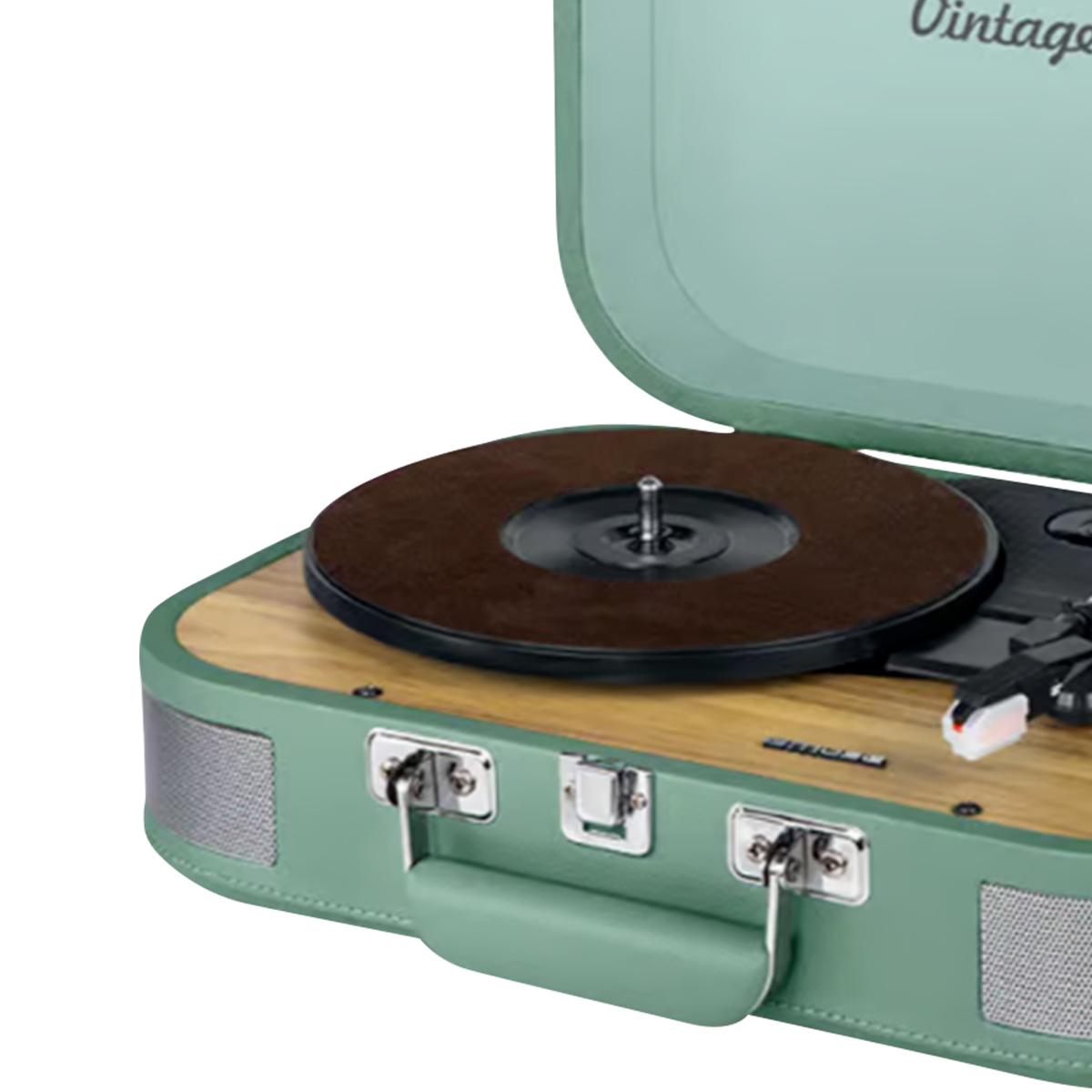 Un tocadiscos retro verde menta en diseño de maleta con plato marrón y detalles en madera.