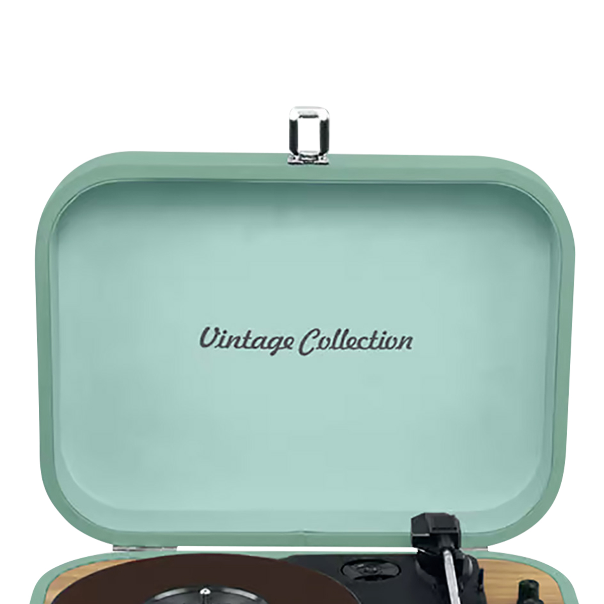 Un tocadiscos maletín vintage verde menta con el texto Vintage Collection en la tapa.