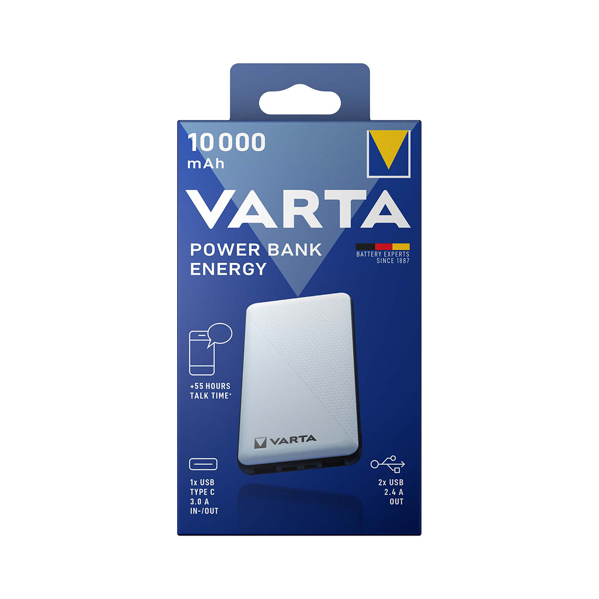 Blaue Schachtel für eine Varta 10000 mAh Powerbank mit Text und Produktbild.