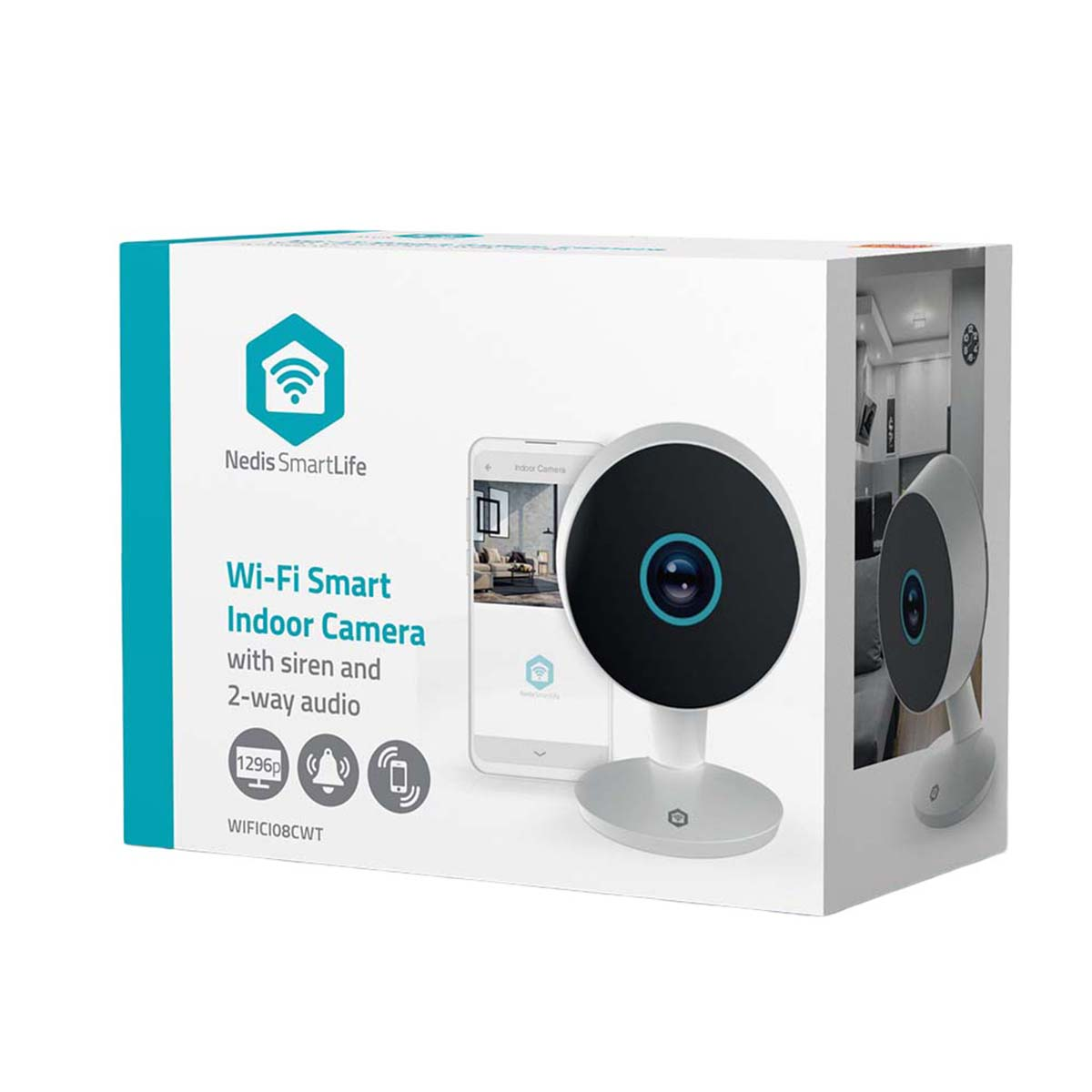 Caja de la cámara inteligente de interior Wi-Fi Nedis SmartLife, con un dispositivo blanco y negro y control por app.