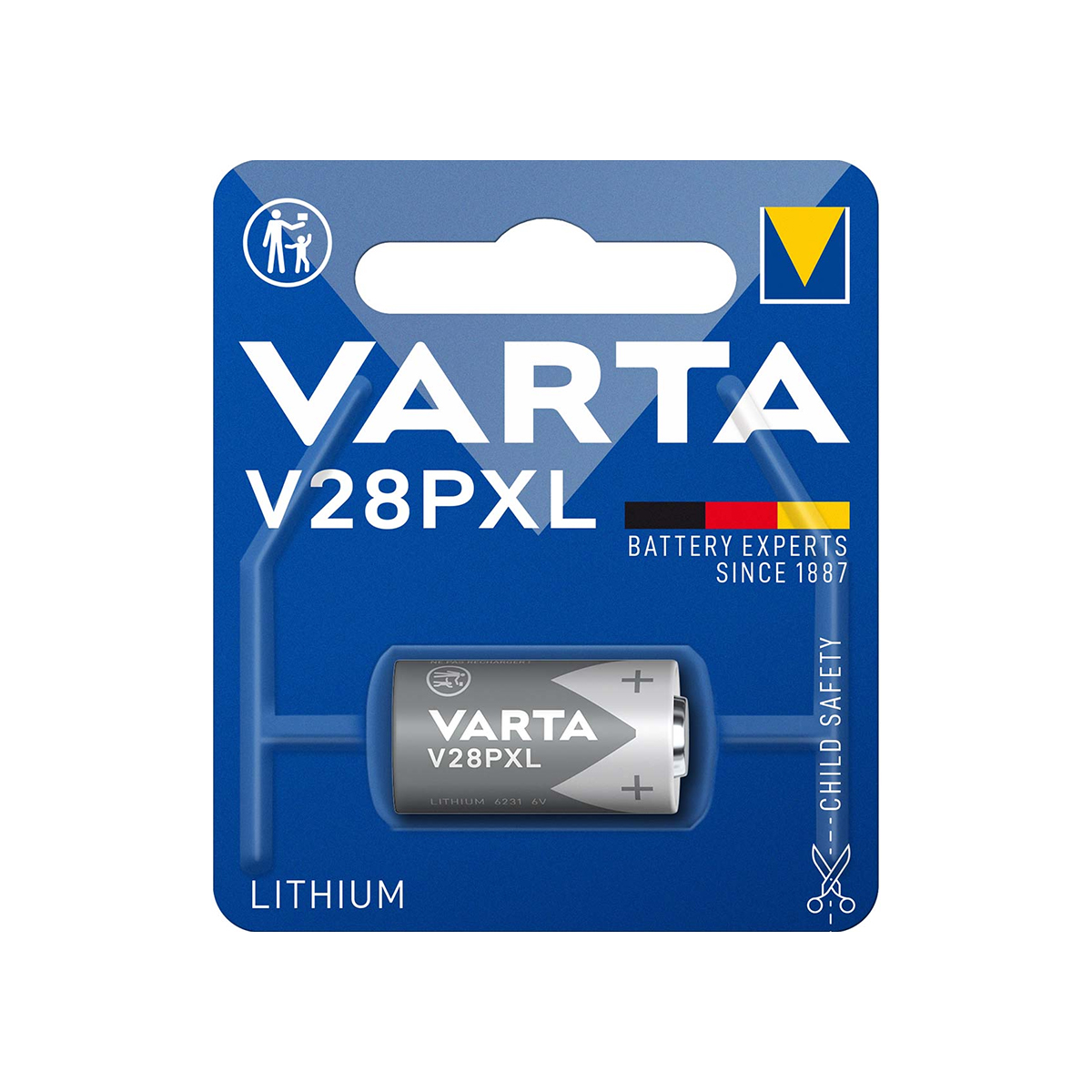 Batería de litio Varta V28PXL en envase azul.