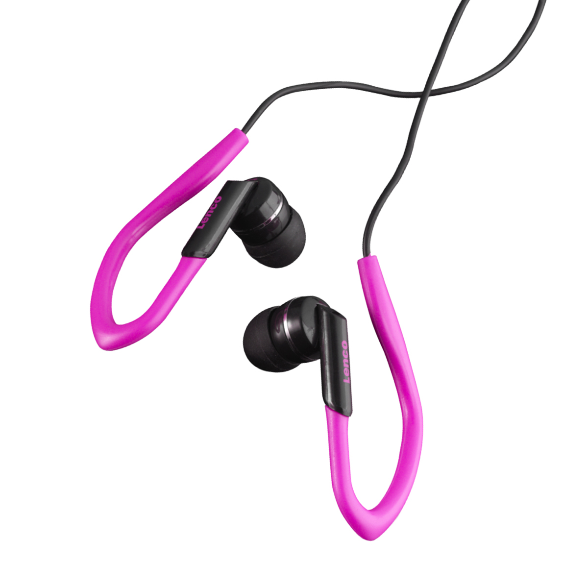 Zwarte in-ear koptelefoon met roze oorhaken en een zwarte kabel tegen een witte achtergrond.