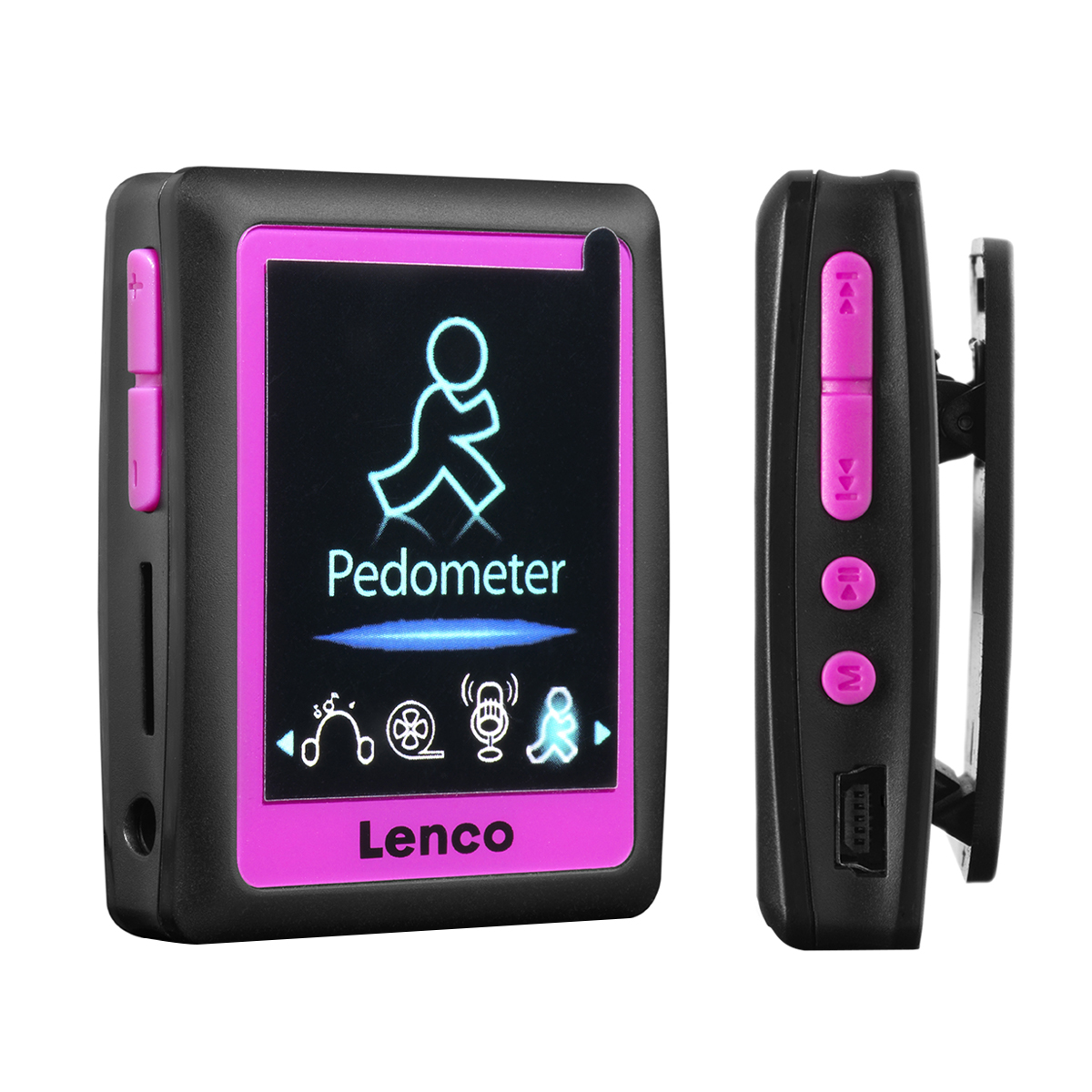 Een zwarte Lenco-stappenteller met roze accenten, een beeldscherm en knoppen.