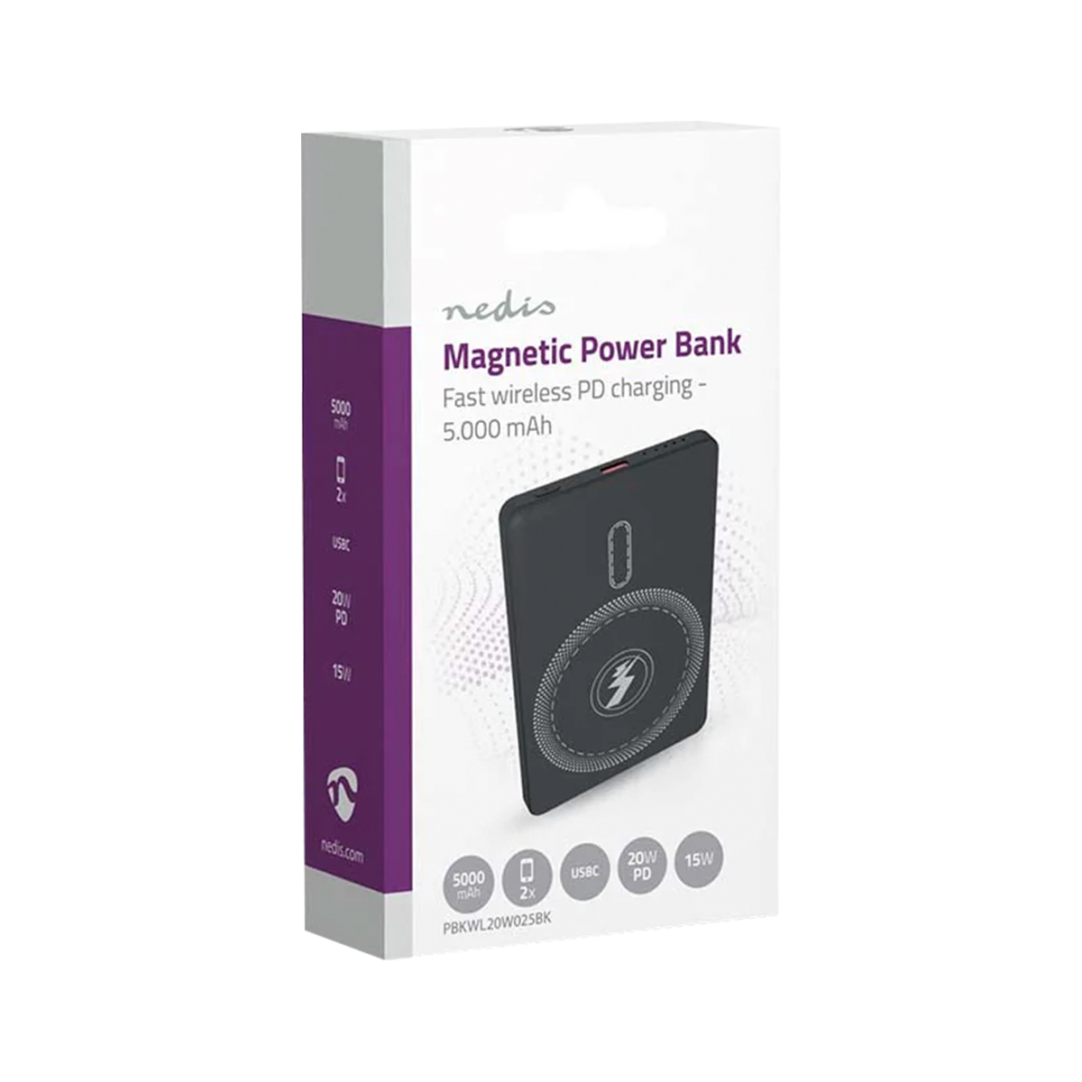 Confezione bianca del prodotto per un power bank magnetico Nedis nero con ricarica wireless rapida.