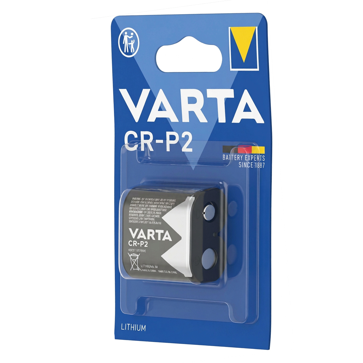 Una batería de litio VARTA CR-P2 en su embalaje azul original.