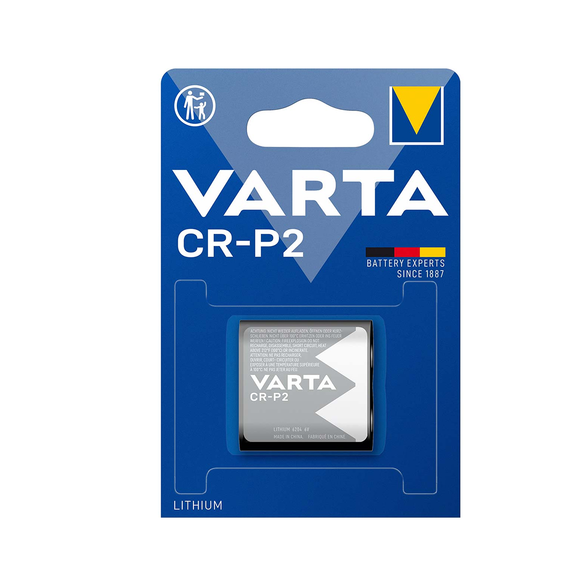 Pila de litio VARTA CR-P2 en envase azul con detalles de la bandera alemana.