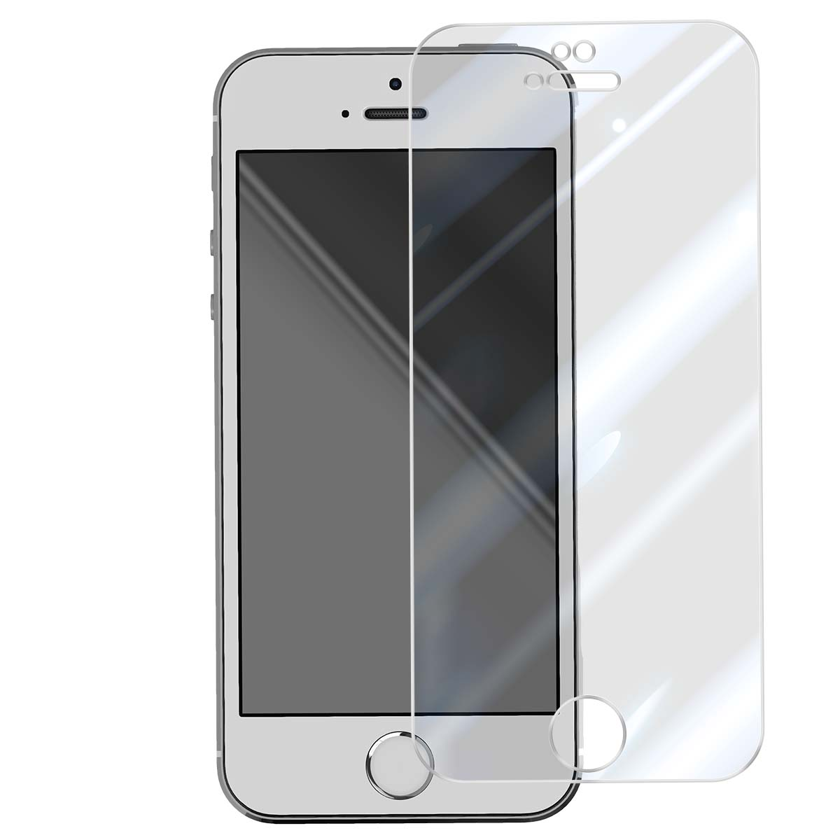 Un smartphone plateado con un protector de pantalla de cristal transparente ligeramente a la derecha.