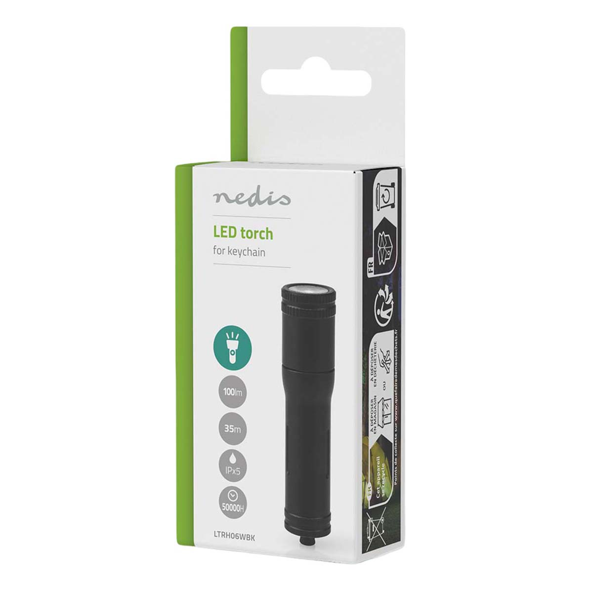 Caja de embalaje verde y blanca para una linterna LED de llavero Nedis con especificaciones del producto.