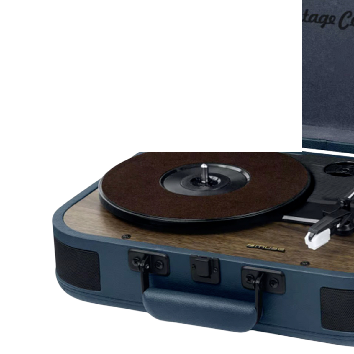 Un tocadiscos azul estilo maleta vintage con un panel de madera y plato negro.