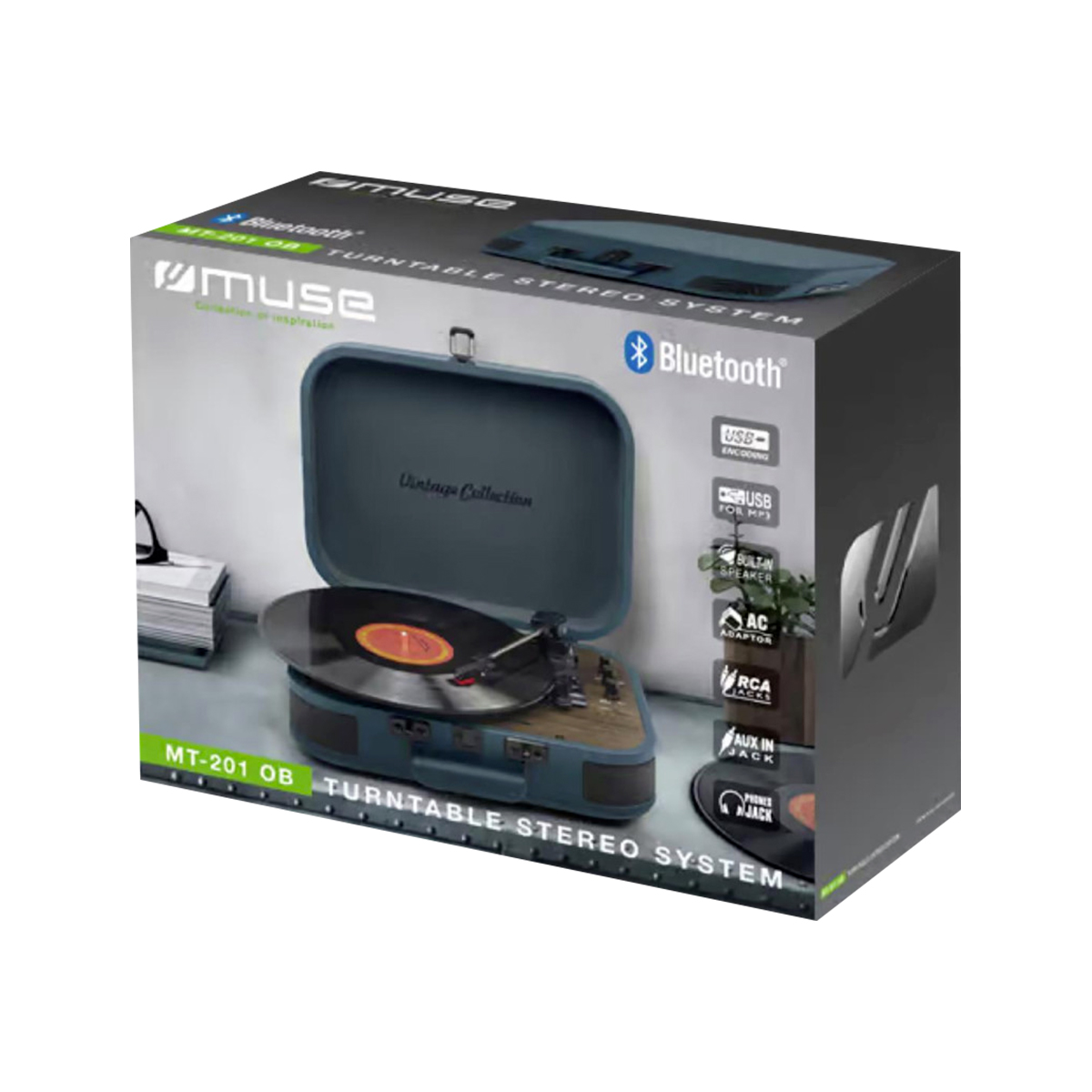 Caja del tocadiscos Muse MT-201 OB con un reproductor de vinilos azul estilo maleta vintage en la parte delantera.