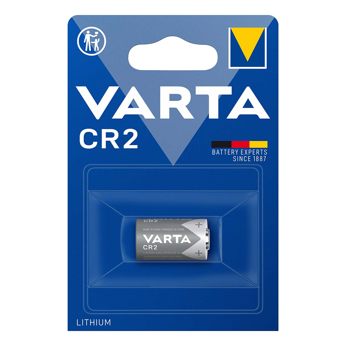 Una batería de litio Varta CR2 en envase azul y blanco.