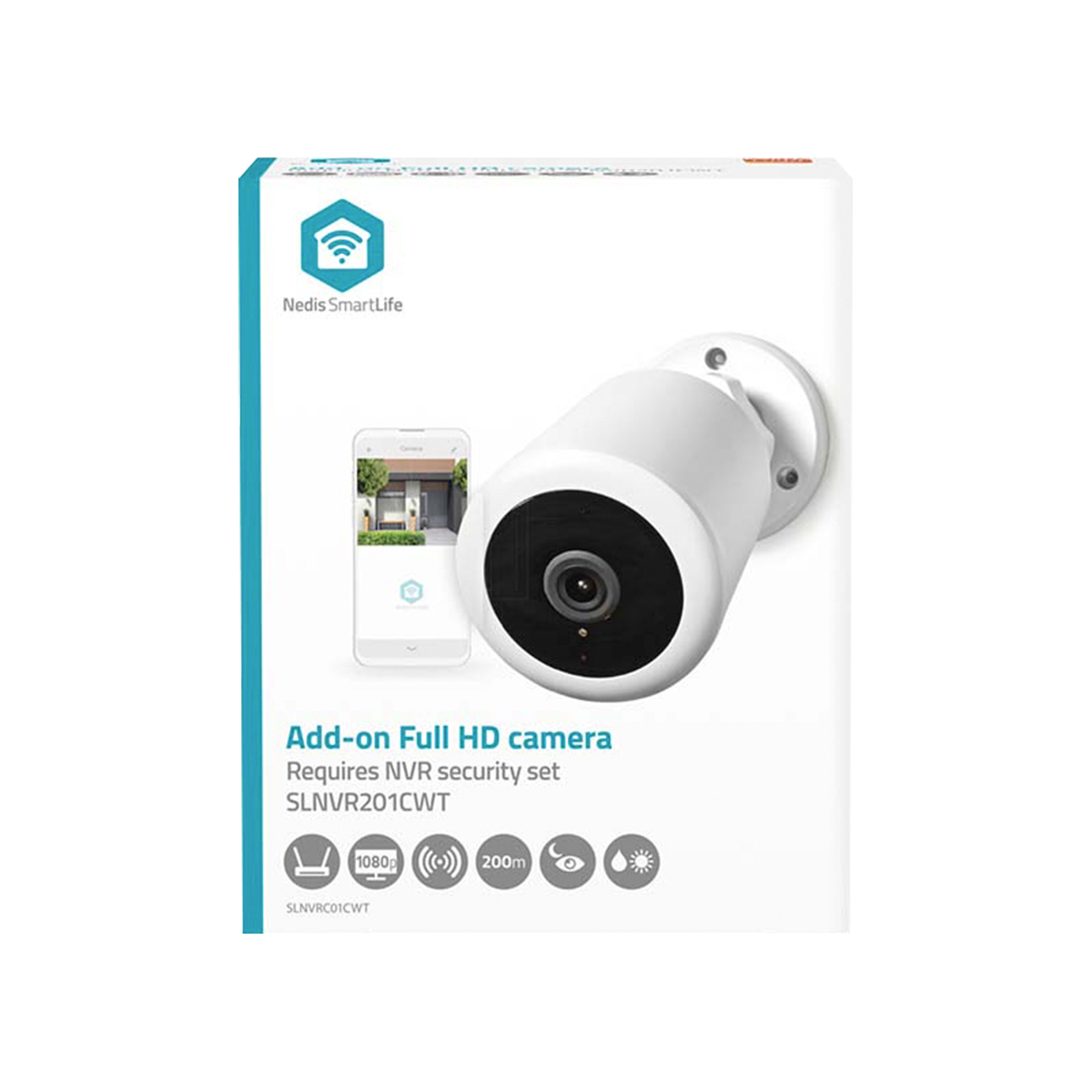 Verpackung einer Nedis SmartLife Full HD Überwachungskamera mit Smartphone und Symbolen.