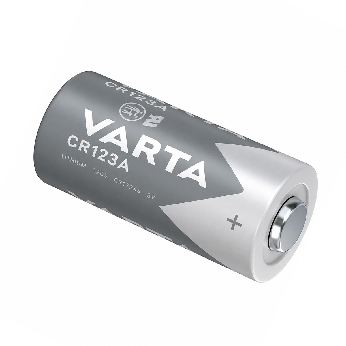 Una batería de litio gris Varta CR123A con texto blanco y un terminal positivo plateado.