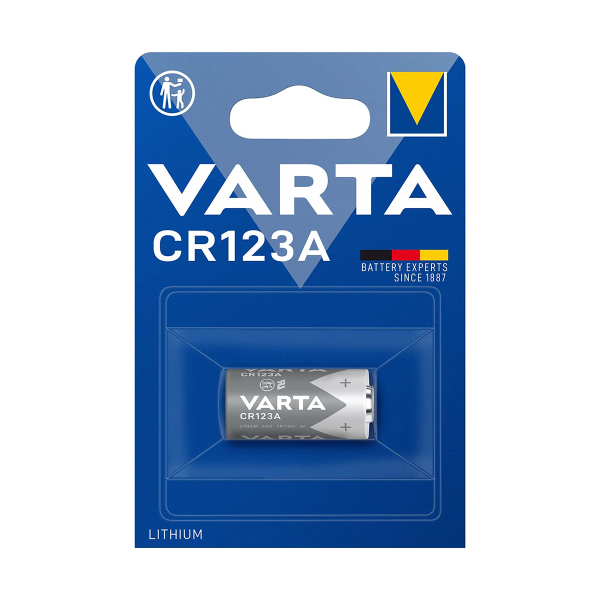Blister que contiene una pila de litio Varta CR123A gris sobre fondo azul.