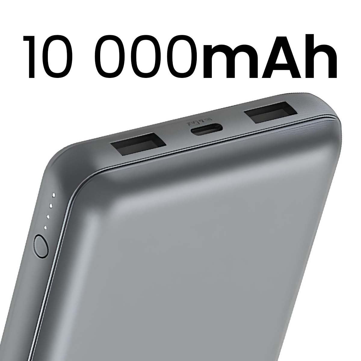 Eine graue Powerbank mit USB-Anschlüssen, Beschriftung 10 000mAh.