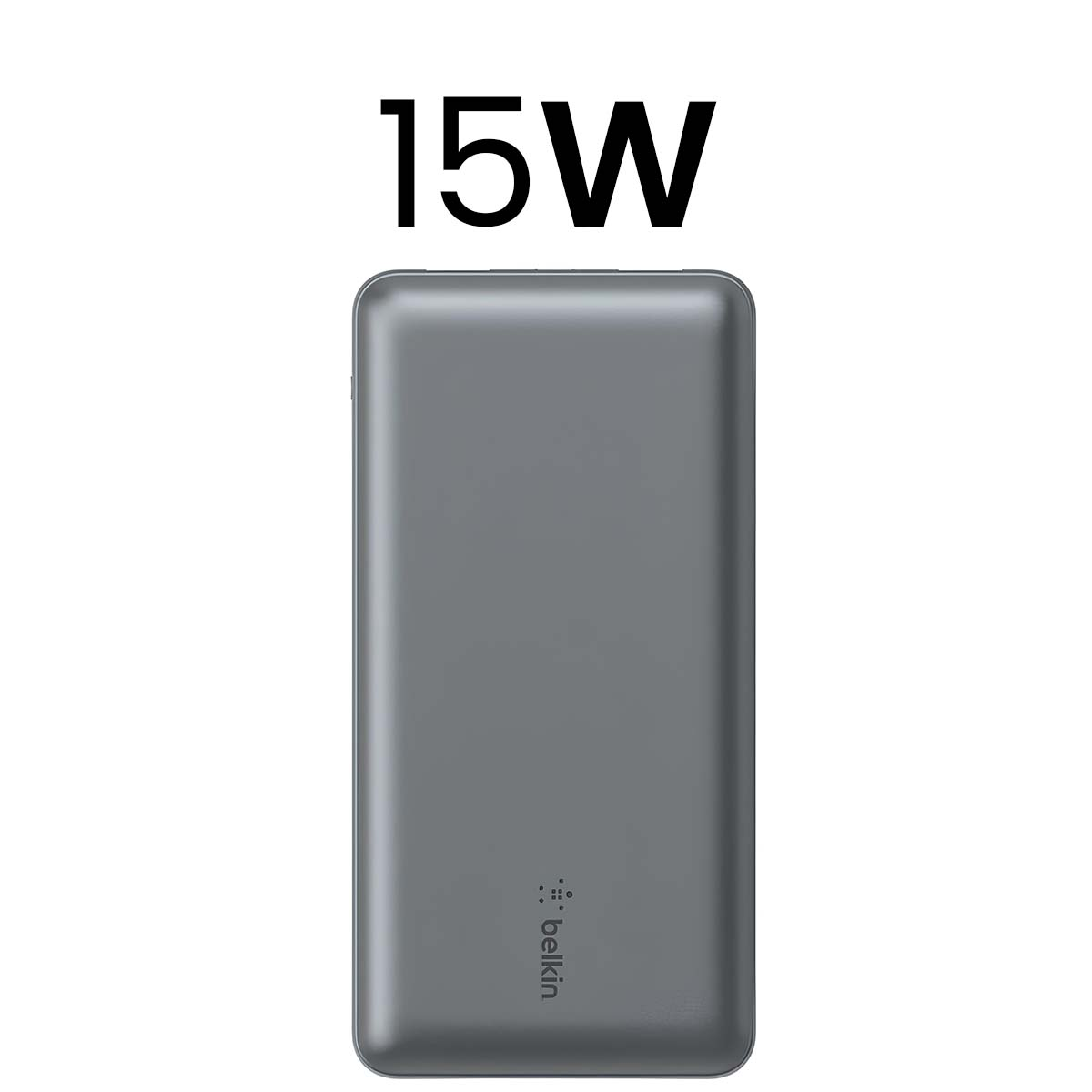 Graue Belkin Powerbank mit 15W Aufschrift auf weißem Grund.