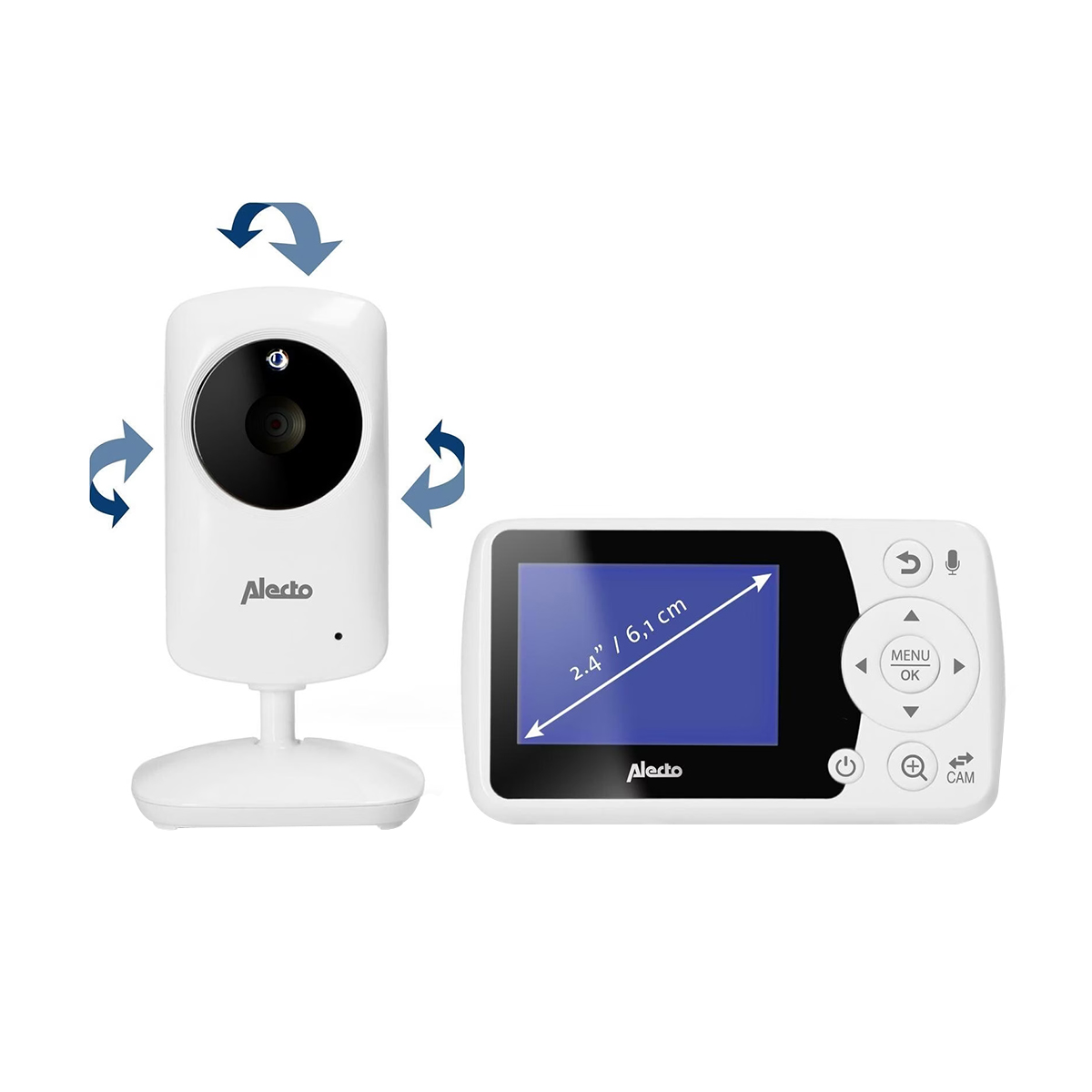 Weißes Alecto Babyfon mit schwenkbarer Kamera und 2,4-Zoll-Monitor.