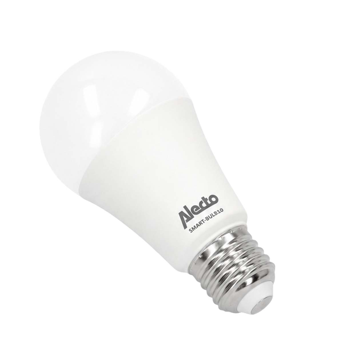 Eine weiße Alecto Smart-Bulb10 LED-Glühbirne mit Schraubsockel isoliert auf weißem Hintergrund.