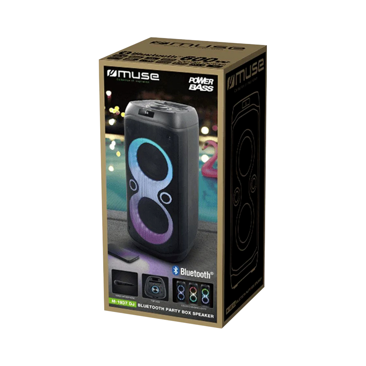 Verpackung eines tragbaren Bluetooth-Lautsprechers von Muse mit Power-Bass und LED-Beleuchtung.