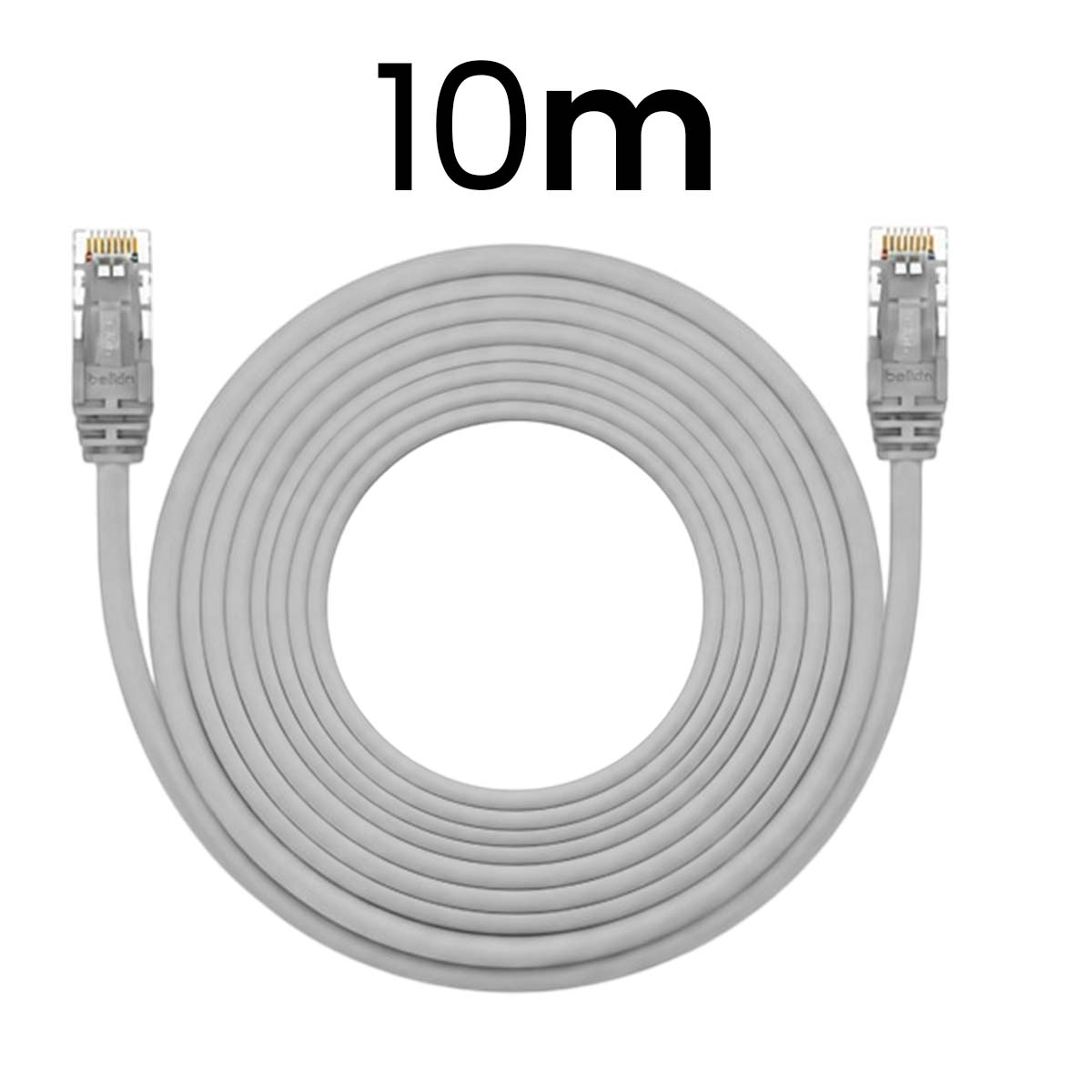 Un cable Ethernet gris de 10 metros con conectores RJ45 en ambos extremos.