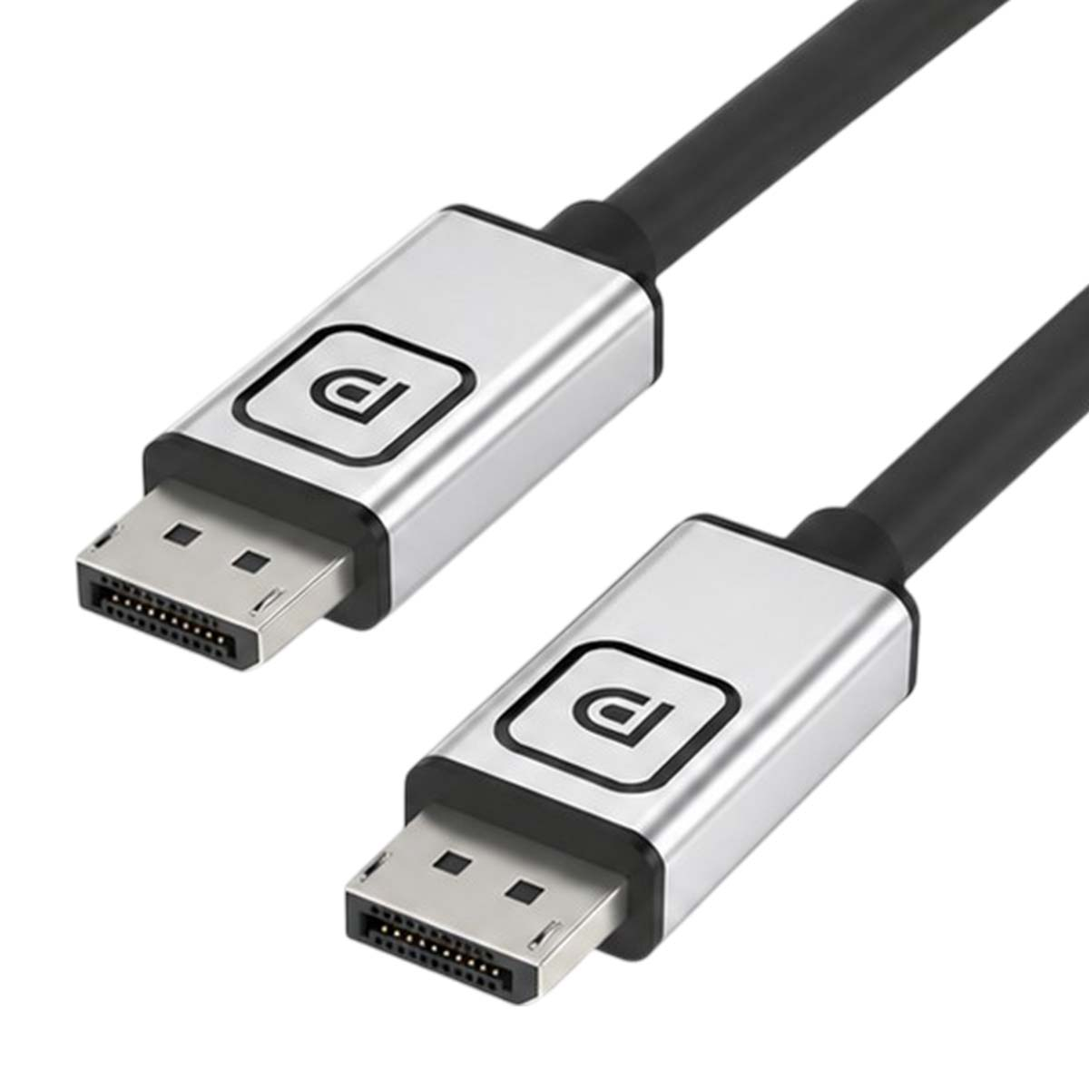 Dos cables DisplayPort negros con conectores plateados que muestran el logotipo de DisplayPort sobre fondo blanco.