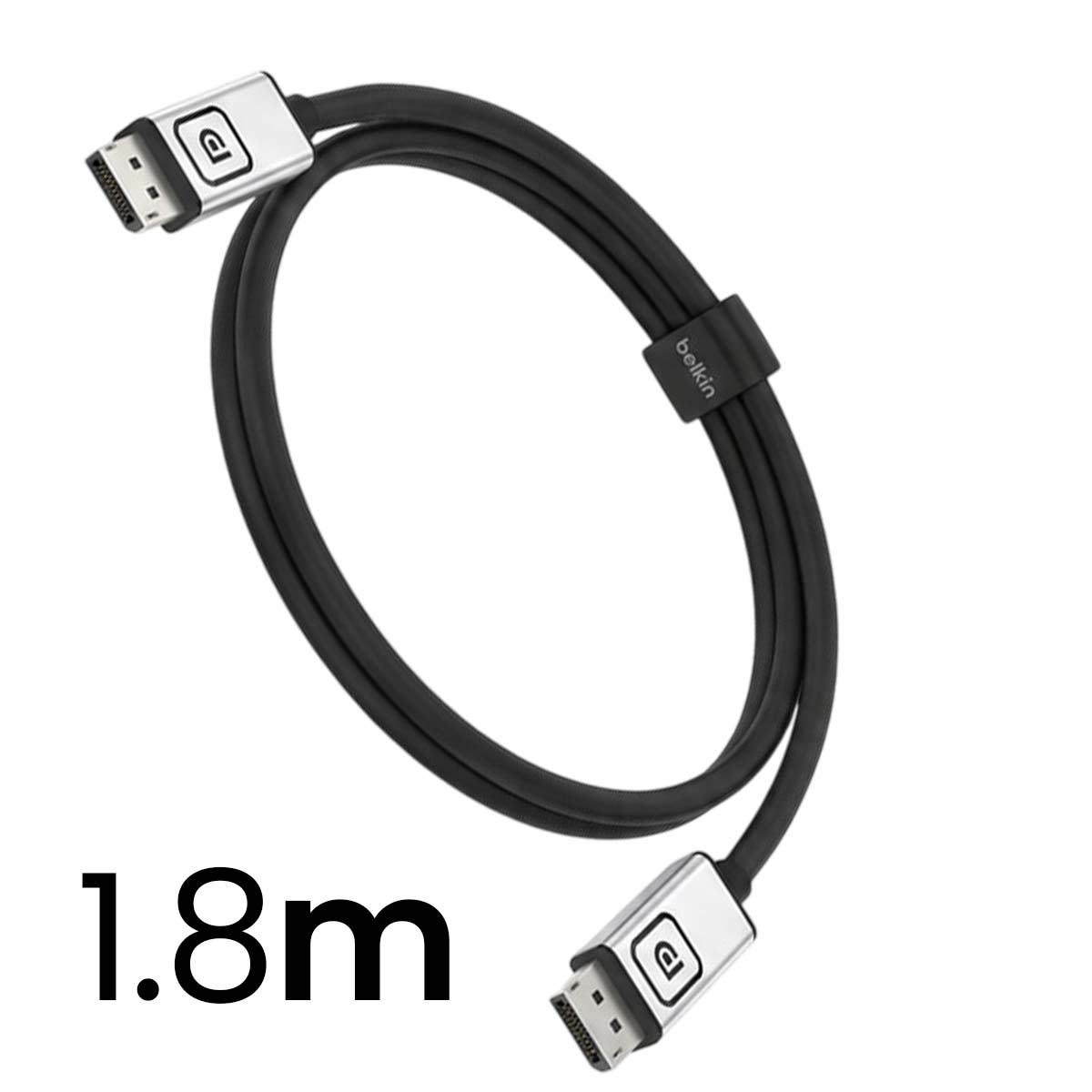 Un cable DisplayPort negro de Belkin, de 1,8 metros de largo, sobre fondo blanco con conectores plateados.