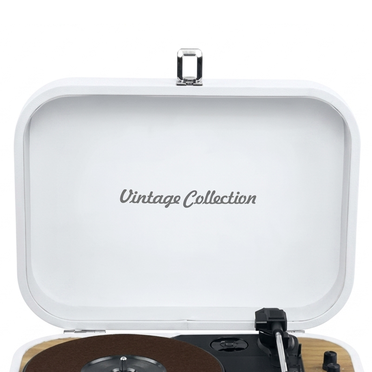 Un giradischi a valigetta bianco aperto con dettagli in legno e la scritta Vintage Collection.