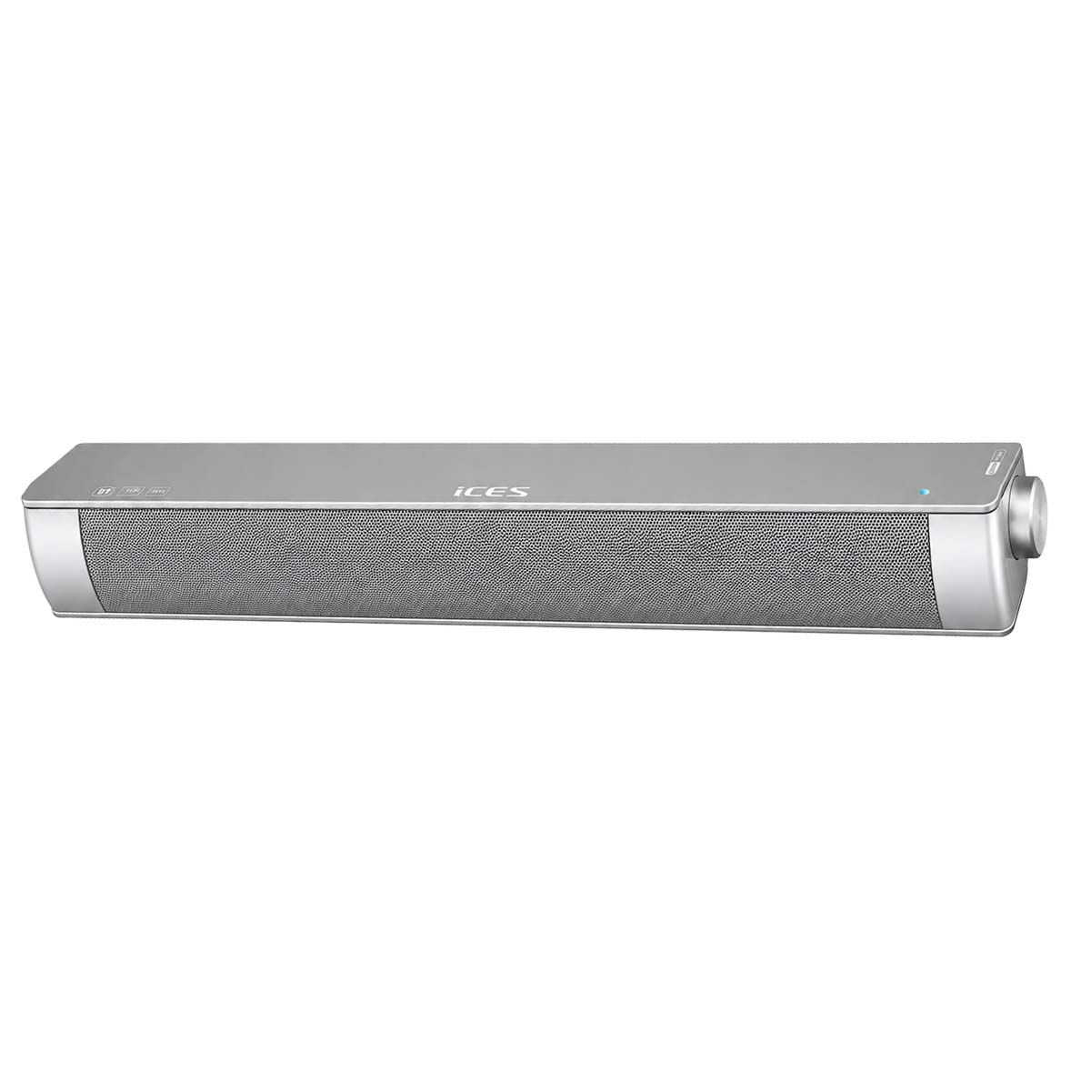 Eine silberne ICES-Soundbar mit grauem Lautsprechergitter und einem Lautstärkeregler an der Seite auf weißem Hintergrund.