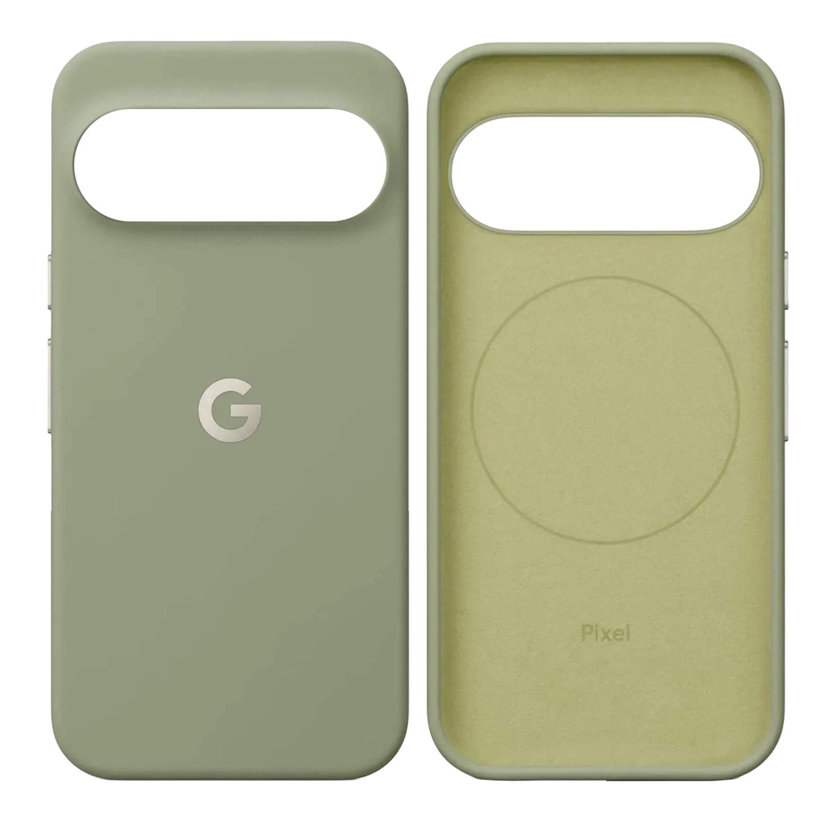 Zwei Ansichten einer salbeigrünen Google Pixel-Handyhülle, die Rückseite mit G-Logo und die Innenseite.