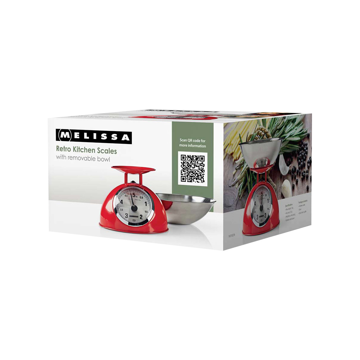 Confezione di bilancia da cucina retrò Melissa rossa con ciotola in metallo e codice QR.